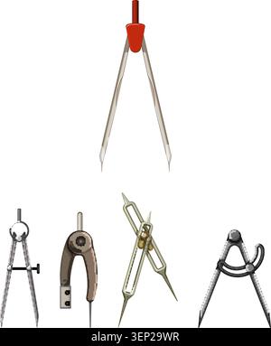 Raggruppamento di vari strumenti tecnici di disegno come bussole e divisori, illustrando concetti di precisione, misurazione e progettazione dettagliata in fase di progettazione Illustrazione Vettoriale