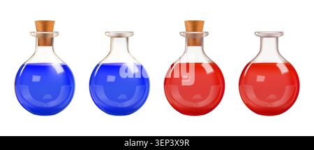 Provetta per analisi del sangue da laboratorio, flacone di pozione 3D. Pallone in vetro liquido, gioco rpg a bulbo magico. Becher chimico da laboratorio, vaso di elisir medievale. Fiala medica Illustrazione Vettoriale
