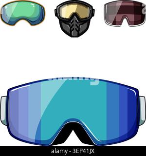 Diversi tipi di occhiali protettivi, tra cui occhiali da sci e una maschera a pieno facciale, con lenti di vari colori e design, che forniscono accessori essenziali Illustrazione Vettoriale