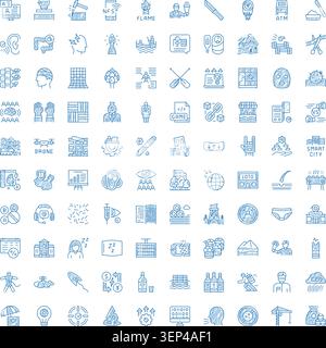 Ampia collezione di diverse icone di linea disegnate a mano blu che illustrano vari concetti dal business, la tecnologia, la finanza, la salute e la vigilia Illustrazione Vettoriale