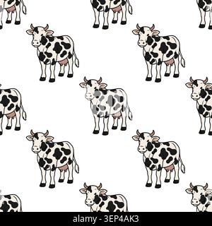 Modello vettoriale senza cuciture di cartoni animati con macchie in bianco e nero, perfetto per i disegni a tema agricolo Illustrazione Vettoriale