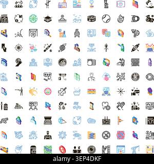Ampia collezione di pittogrammi e icone moderni e dettagliati che coprono temi aziendali, tecnologici, scientifici, medici e aziendali per ui, web, presentati Illustrazione Vettoriale