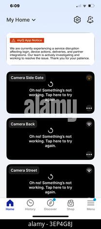 Palm Springs, California, Stati Uniti. 12 giugno 2026. Schermata dell'applicazione mobile myQ che mostra i feed di più telecamere di sicurezza non disponibili durante un'interruzione del servizio diffusa. MyQ supporta milioni di utenti connessi di garage e sistemi di sicurezza in tutto il mondo. L'interruzione ha influito sull'accesso alle funzioni di monitoraggio e controllo, dimostrando in che modo le interruzioni che coinvolgono servizi cloud su larga scala possono avere un impatto sulla sicurezza residenziale, sull'accesso alle proprietà e su altre tecnologie connesse. (Credit Image: © Ian L. Sitren/ZUMA Press Wire) SOLO PER USO EDITORIALE! Non per USO commerciale! Foto Stock