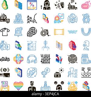 Varietà di icone colorate e delineate che illustrano diversi servizi generali, attività quotidiane, salute, concetti aziendali, tecnologia, e sociale Illustrazione Vettoriale