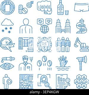 Set di numerose icone di schizzo disegnate a mano blu che rappresentano diversi concetti da problemi sociali e salute a viaggi, affari e obje di tutti i giorni Illustrazione Vettoriale