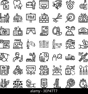 Raccolta di pittogrammi di linee concettuali che illustrano una vasta gamma di servizi, salute, lavoro, finanziario e ambientale per le imprese e l'IND Illustrazione Vettoriale