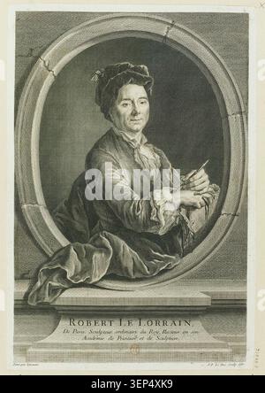 L'incisione presenta una composizione legata al ritratto intitolata Robert le Lorrain prodotta nel 1730, che fa riferimento allo scultore Drouais come fonte e Jacques-Philippe le Bas come incisore, all'interno delle tradizioni di documentazione artistica francesi del XVIII secolo. Foto Stock