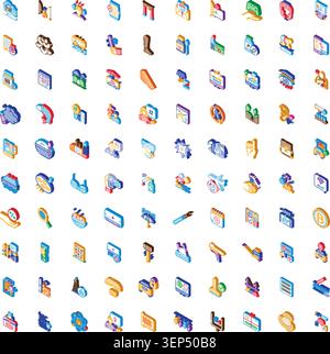 Set di icone isometriche che illustrano la vita moderna, simboli vettoriali colorati per aziende, tecnologia, comunicazione, finanza, salute, viaggi, intrattenimento e sma Illustrazione Vettoriale