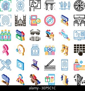Serie di icone isometriche vettoriali piatte che illustrano diversi concetti e servizi, tra cui sicurezza, assistenza sanitaria, tecnologia, tempo libero, istruzione e autobus Illustrazione Vettoriale