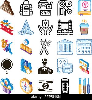 Raccolta di icone isometriche e di servizi di linea che rappresentano viaggi, finanza, riparazione, manutenzione, ospitalità e supporto professionale in tutto il settore industriale Illustrazione Vettoriale