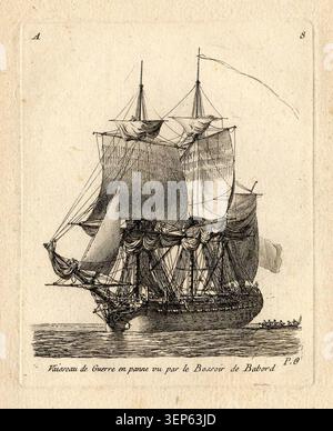 Un'incisione di Pierre Ozanne nel 1813 presenta una nave da guerra in condizioni calme vista dalla prua del porto con le vele ridotte, registrando la gestione navale di una nave in stato di navigazione controllata durante le operazioni marittime all'inizio del XIX secolo. Foto Stock