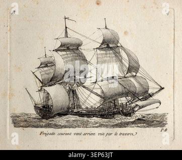 Un'incisione di Pierre Ozanne presenta una fregata che corre davanti al vento in vista laterale, documentando una nave da guerra nel 1813 e sottolineando la forma, l'equipaggiamento e il movimento di una fregata in piena vela. Foto Stock