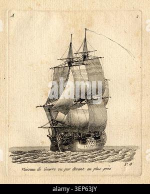 Un'incisione di Pierre Ozanne presenta una nave da guerra vista dal fronte mentre si naviga a bordo ravvicinato, registrando l'aspetto e l'allestimento di una nave a vela navale nel 1813 e sottolineando il suo profilo marittimo a testa alta sotto la vela. Foto Stock