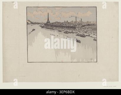Un'incisione del 1891 presenta Parigi dal viadotto Auteuil lungo la Senna, con la Torre Eiffel che sorge sopra il paesaggio del fiume e si integra nello sviluppo moderno skyline urbano di Parigi del tardo XIX secolo. Foto Stock