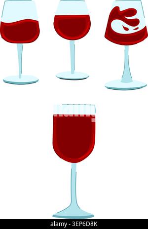 Quattro bicchieri da vino rossi stilizzati con vino rosso scuro, uno con spruzzi dinamici, illustrazione vettoriale piatta su sfondo bianco pulito, set isolato Illustrazione Vettoriale
