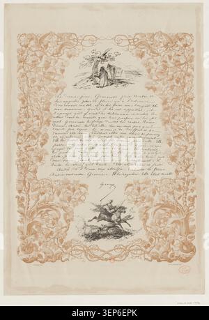 Una litografia del 1838 presenta un arabo seduto a fumare sotto un albero accanto a una scena fantastica contrastante di una giovane donna che cavalca un cavallo alato, unendo l'osservazione orientalista con l'immaginazione mitica all'interno di una composizione romantica del laboratorio di Horace Vernet. Foto Stock