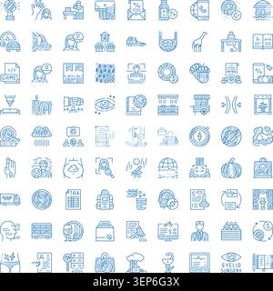 Ampia collezione di icone con linee blu disegnate a mano che illustrano concetti universali in ambito aziendale, finanziario, medico, istruzione, stile di vita, e tecnologia Illustrazione Vettoriale