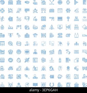 Grande collezione di diverse icone di arte a linee disegnate a mano blu che raffigurano vari concetti relativi a business, scienza, medicina, tecnologia, viaggi, sport Illustrazione Vettoriale