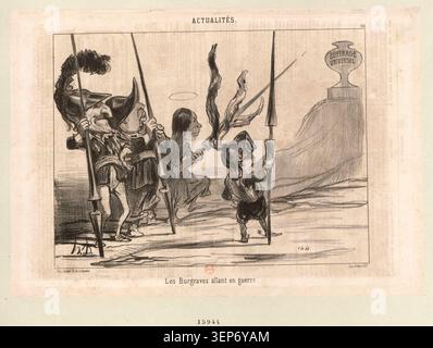 Daumier creò una litografia intitolata "Les Burgraves allant en guerre" nel 1851, presentando un soggetto satirico del periodo della seconda Repubblica francese e facendone parte del suo lavoro grafico politico. Foto Stock