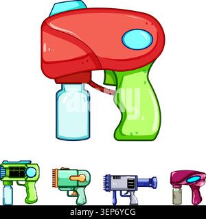 Colorato cartone animato bolla e pistola ad acqua per bambini, divertente divertimento estivo e fantasioso gioco all'aperto, simpatiche icone vettoriali disegnate a mano sul dorso bianco Illustrazione Vettoriale