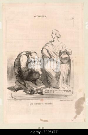 La litografia creata da Honoré Daumier nel 1851 presenta un soggetto politico intitolato una conversione inaspettata, che riflette il commento associato alla Francia durante la seconda Repubblica e il cambiamento del clima politico del periodo. Foto Stock
