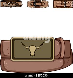Cinture in pelle casual assortite con varie fibbie ed elementi decorativi, tra cui una cintura marrone dominante con una grande longhorn di stile occidentale Illustrazione Vettoriale