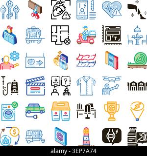 Raccolta dettagliata di icone vettoriali isometriche e di stile doodle, che ritraggono una gamma diversificata di concetti, dai servizi e servizi alla salute, al cibo, al AN Illustrazione Vettoriale