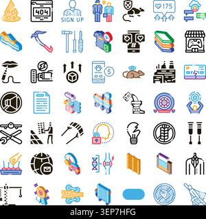 Ampia raccolta di pittogrammi diversi che illustrano il business moderno, la comunicazione digitale, gli elementi dell'interfaccia utente e vari simboli concettuali Illustrazione Vettoriale