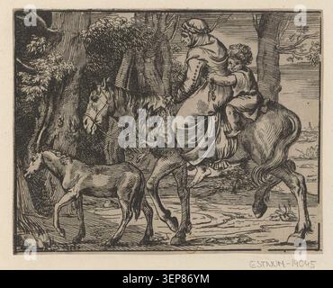 L'incisione attribuita a Dominique-Vivant Denon dopo un disegno di Tiziano Vecellio presenta una donna e un bambino montati a cavallo in una disposizione pastorale, mescolando l'influenza della fonte rinascimentale con l'interpretazione neoclassica della stampa e delicati linework. Foto Stock