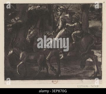 Un'incisione di Dominique-Vivant Denon, su disegno di Tiziano Vecellio, presenta una donna e un bambino a cavallo, con effetti tonali ottenuti attraverso l'aggiunta di grano per creare chiaroscuro prima della campitura incrociata, formando una raffinata riproduzione interpretativa della composizione rinascimentale. Foto Stock