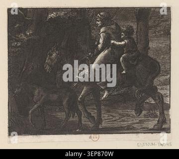 L'incisione presenta un cavallo donna e bambino in una composizione completa dopo Tiziano Vecellio, attribuito a Dominique-Vivant Denon, che mostra un arrangiamento equestre familiare e motivo di viaggio all'interno di immagini di ispirazione rinascimentale veneziana adattate alla tradizione dell'incisione del XVIII secolo. Foto Stock