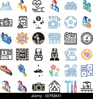 Raccolta diversificata di icone isometriche e di linea che rappresentano aziende, finanza, sanità, industria, tecnologia, commercio, e progettazione, illustrando va Illustrazione Vettoriale