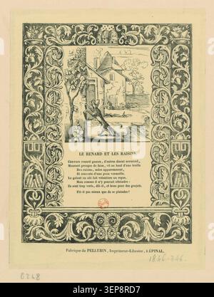 La favola Fox and Grapes segue la tradizione di Jean de la Fontaine, stampata come 1846 Image d'Épinal incisione dalla Maison Pellerin in Épinal, presentando una scena letteraria morale in cui desiderio e rifiuto si esprimono attraverso allegorie animali in un ambiente rurale di vigneti. Foto Stock