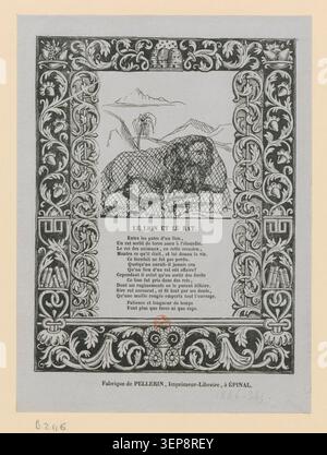 Un'immagine Épinal della metà del XIX secolo illustra scene delle favole di Jean de la Fontaine, che fanno parte della serie educativa stampata della Maison Pellerin che visualizza opere letterarie francesi classiche per il pubblico popolare. Foto Stock