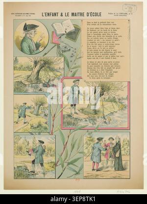 Fables of La Fontaine educational scene presents a schoolmaster guiding a child through a moral lesson in a structured classroom setting within an illustrated Epinal print series issued by Maison Pellerin in 1895 Foto Stock