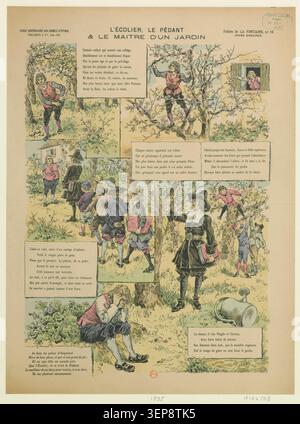 Una stampa incisa Épinal del 1895 presenta la favola di Jean de la Fontaine lo scolaro, il pedante e il maestro del giardiniere, creata da Paul-Adolphe Kauffmann all'interno di una serie illustrata strutturata per popolare adattamento letterario francese. Foto Stock