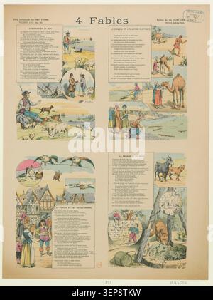 Una litografia di Epinal presenta quattro fiabe de la Fontaine, tra cui il Pastore e il Mare, il cammello e i bastoni galleggianti, la Tartaruga e le due anatre, e la volpe e la capra pubblicata nel 1895 all'interno di una serie illustrata morale per l'educazione popolare in Francia. Foto Stock