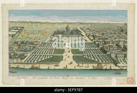 La prospettiva del Hôtel des Invalides a Parigi presenta un'ampia vista architettonica sopraelevata del complesso militare che domina lo skyline della città nel 1770, enfatizzando cortili, strutture a cupola e tessuto urbano circostante visto da un alto punto panoramico tipico delle viste ottiche del XVIII secolo. Foto Stock