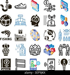 Collezione diversificata di icone di colore e silhouette che rappresentano vari concetti di business, strategie di marketing, sanità, settore e vita quotidiana Illustrazione Vettoriale