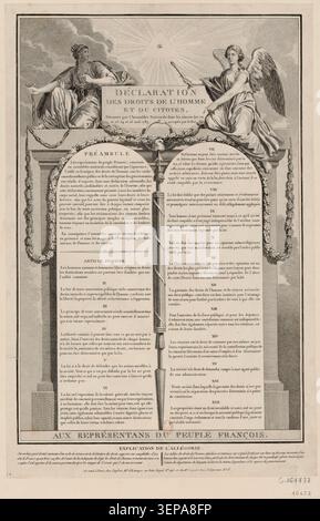 Un'incisione presenta la Déclaration des droits de l'homme et du citoyen emessa in Francia nel 1789, che rappresenta il testo rivoluzionario fondamentale che stabilisce i principi dei diritti umani e civili durante la Rivoluzione francese. Foto Stock