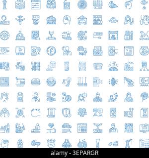 Ampia collezione di diverse icone disegnate a mano raffiguranti vari concetti aziendali, applicazioni tecnologiche, scienza, idee mediche e commun Illustrazione Vettoriale