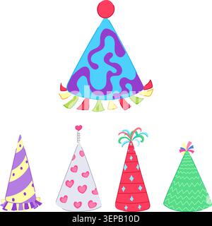 Gruppo di cappelli da festa vivaci e variegati con vari motivi e decorazioni, perfetti per festeggiare compleanni, vacanze e occasioni allegre Illustrazione Vettoriale