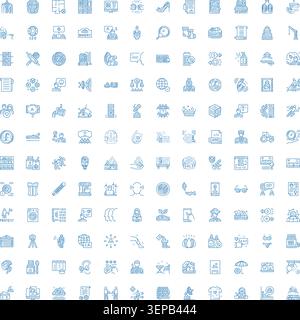 Ampia collezione di diverse icone artistiche disegnate a mano in stile doodle blu che coprono aziende, finanza, tecnologia, cibo, viaggi, e rapporto ambientale Illustrazione Vettoriale