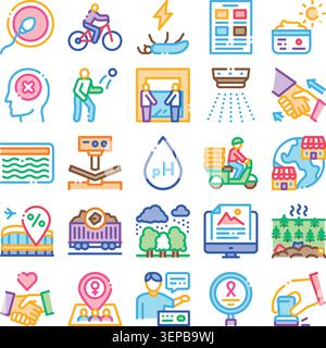 Set di icone colorate che illustrano temi e argomenti diversi, tra cui sanità, business, tecnologia, ambiente, stile di vita, società, e. Illustrazione Vettoriale