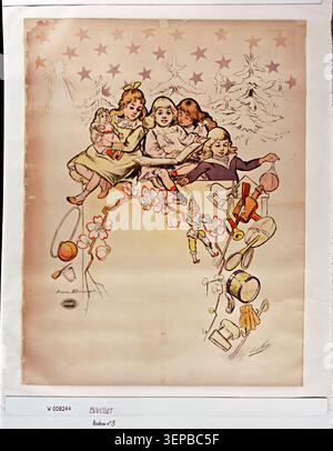 Un poster festivo del 1890 di Firmin Bouisset presenta ai bambini giocattoli sotto un albero di Natale, riflettendo l'estetica pubblicitaria natalizia della fine del XIX secolo e le immagini commerciali emergenti per la promozione stagionale dei regali in Francia. Foto Stock