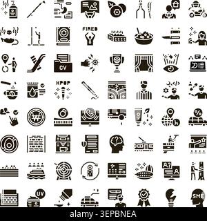 Collezione di numerose icone glifi che rappresentano diversi aspetti del business, del tempo libero, della salute, dello stile di vita, dell'hobby, tecnologia, e istruzione, illustratina Illustrazione Vettoriale