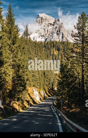 Stretta strada alpina che si snoda attraverso un'alta pineta sempreverde con una spettacolare vetta rocciosa e un cielo blu nelle Dolomiti nei pressi di Cortina d'Ampezzo, Ital Foto Stock