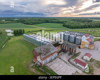 Vista aerea dei silos di grano e dell'impianto di trasformazione agricola al tramonto nella campagna della Lettonia Foto Stock