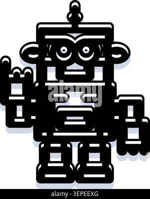 Illustrazione stilizzata di personaggi robot che crea un gesto rock and roll della mano, simboleggia l'empowerment, il divertimento e l'innovazione in una digitita retrò e futuristica Illustrazione Vettoriale