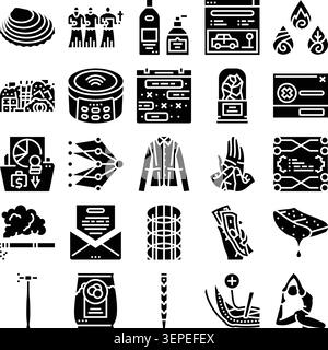 Questa raccolta completa di icone glifi illustra oggetti, simboli e concetti diversi, riflettendo elementi di stile di vita, tecnologia, natura, Illustrazione Vettoriale